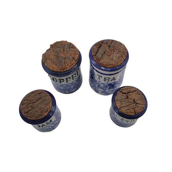 Vintage Set of 4 Blue White Sponge Ware Crock Jars w Cork Lids Signed on Bottom‎ - Picture 7 of 7